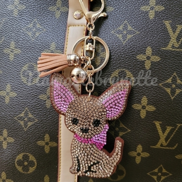 Chihuahua Dog Crystal Rhinestone Keychain Bag Charm With Tan Tassel - Picture 14 of 17